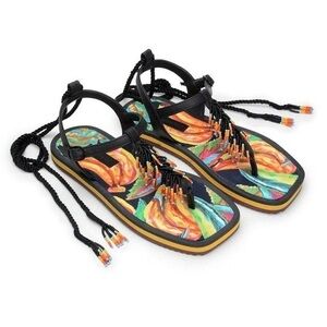 FARM RIO Beaded Black Ankle Wrap Sandals